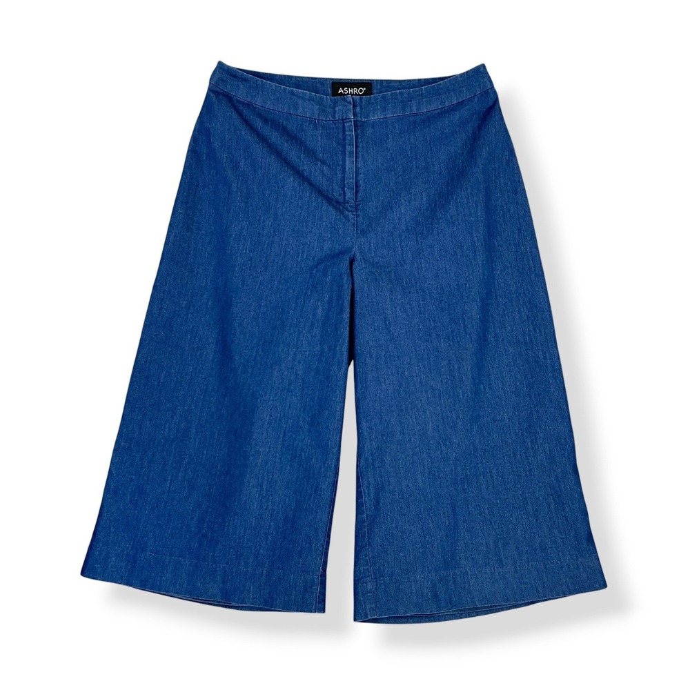 Ashro Pants Women Size 8 (30x27) Blue Chambray Wide Crop Lined Y2K Trouser